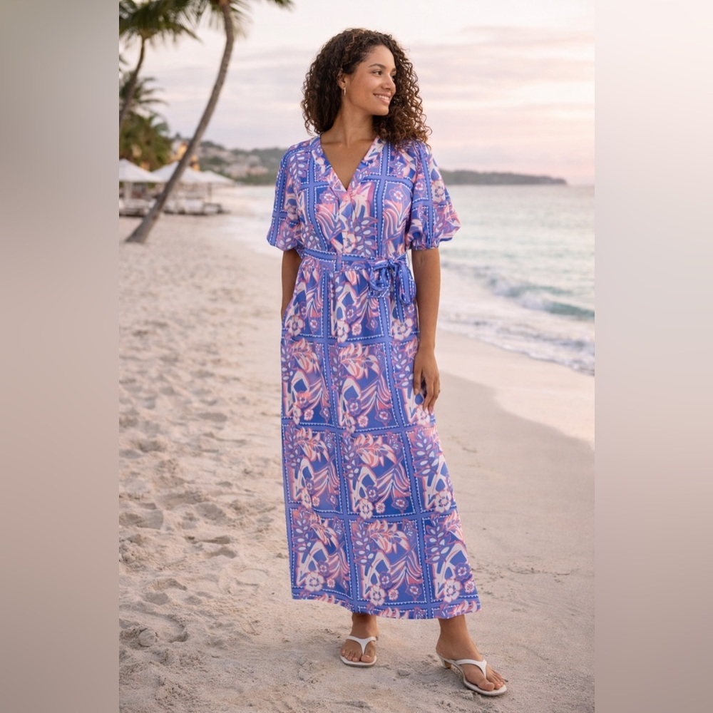 Tuckernuck Celina Moon Short Sleeve Belted Floral Stamp Print Maxi Large NWT